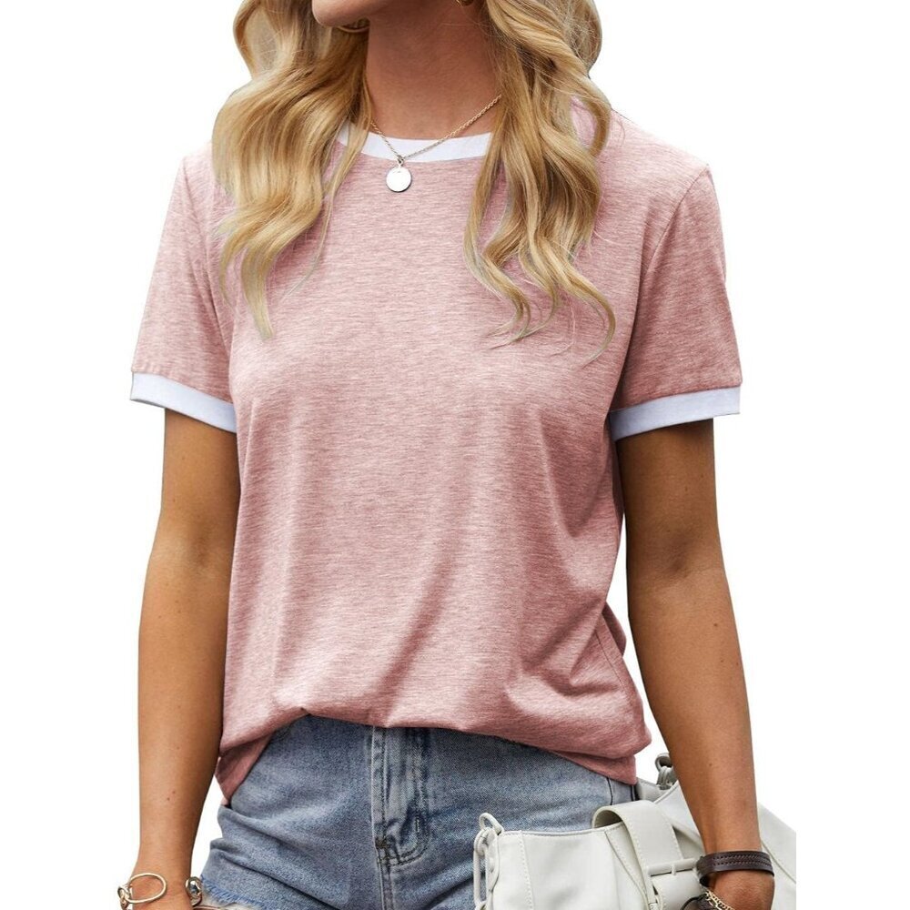 Women's Color Block Cotton Blend Crew Neck Tee Short Sleeve Casual Top